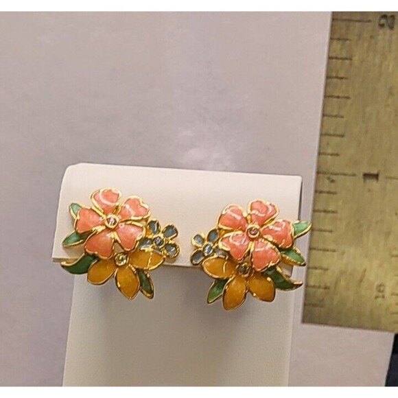 Joan Rivers Enamel & Rhinestone Flower Stud Earrings Pink, Green & Blue - Picture 2 of 5